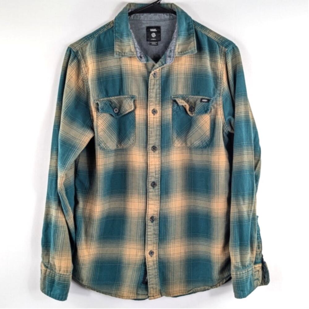 Vans XS Long Sleeve Flannel Shirt Mens Classic Fit Teal Tan Plaid Cotton Classic